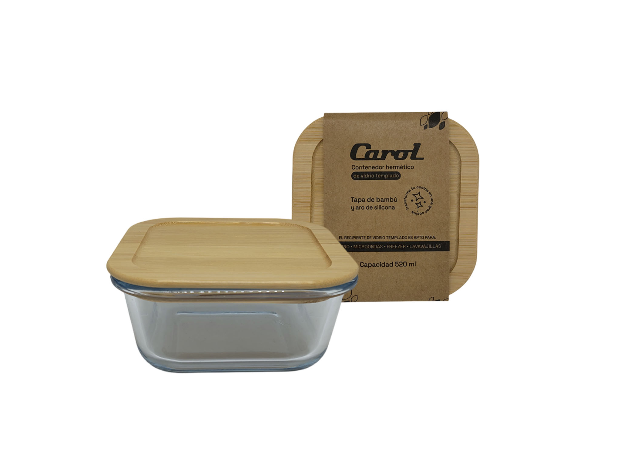 71436.jpg CONTENEDOR HERM. CUAD. VID. T/BAMBU 13.5X6.5CM 520ML - Image 1